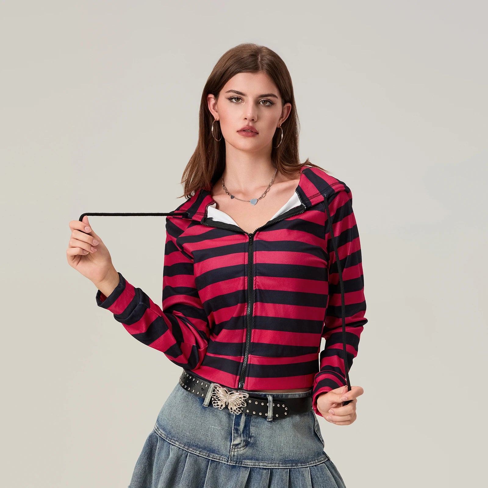 Striped Cropped Zip Hoodie