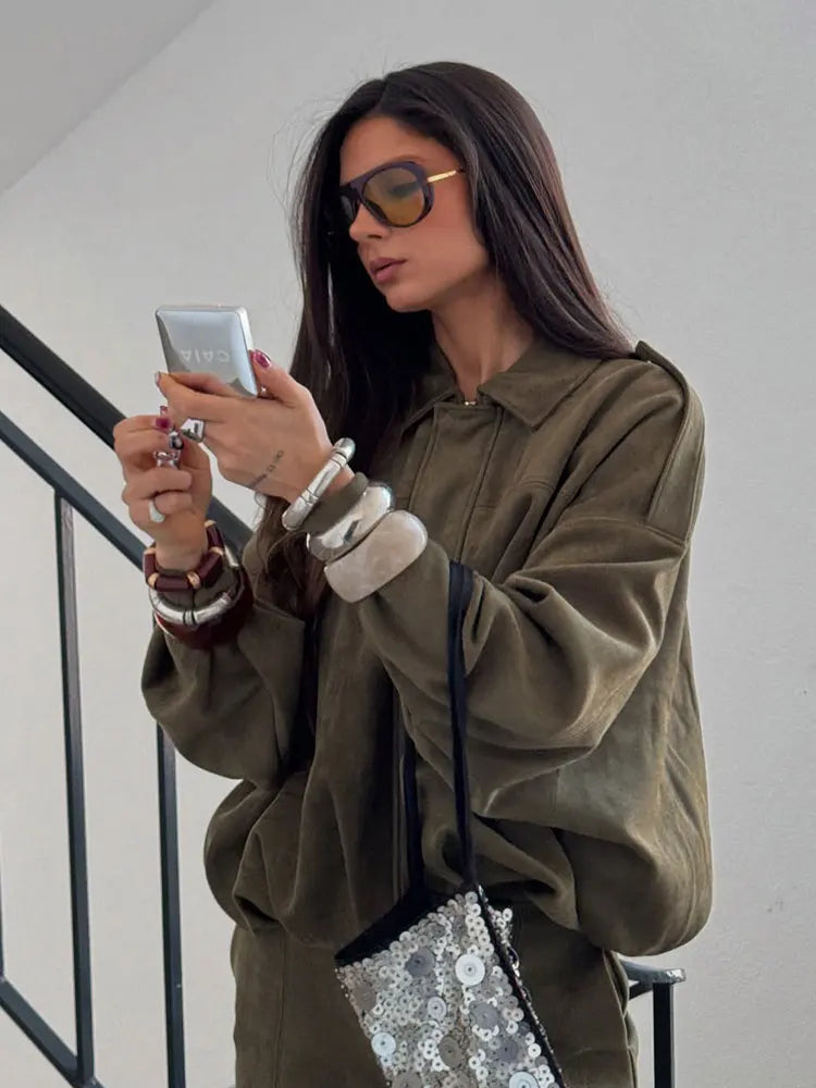 Brown Green Suede Bomber