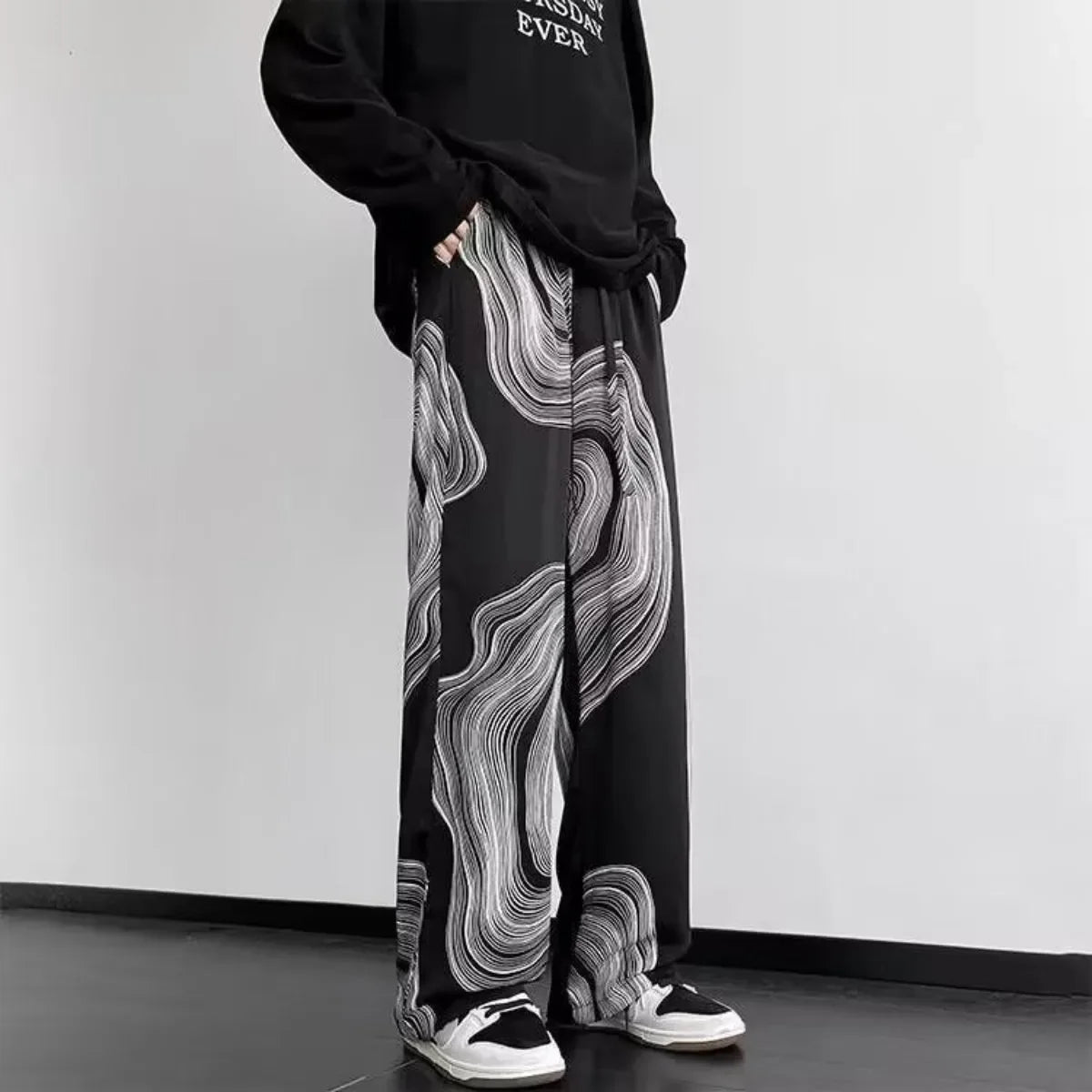 Spring Summer New Wide Leg Pants Men's Fashion Style Loose Casual Pants Mens Solid Color Elastic Waist Trousers Streetwear
