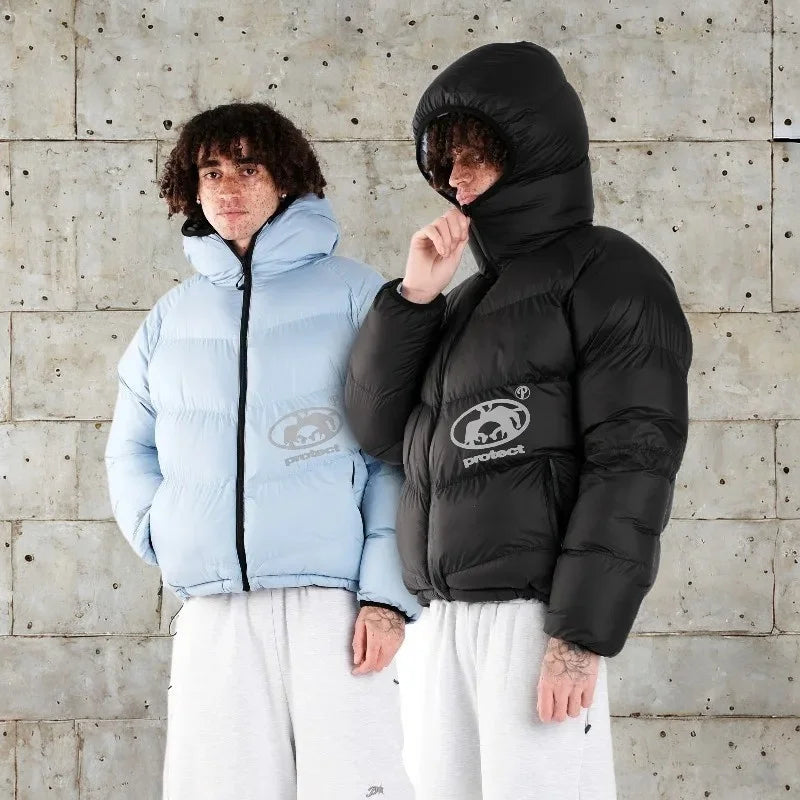 American High Street Protect Down Jacket Retro Reversible Hooded Couples Coat Y2k Hip Hop Streetwear Unisex Casual Puffer Jacket