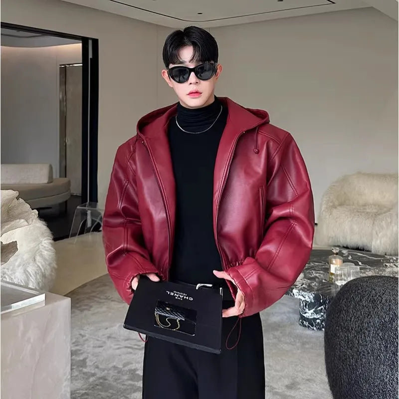 Mauroicardi Spring Autumn Short Waterproof Black Pu Leather Jacket Men Hood Zipper High Waist Loose Casual Korean Fashion 2025