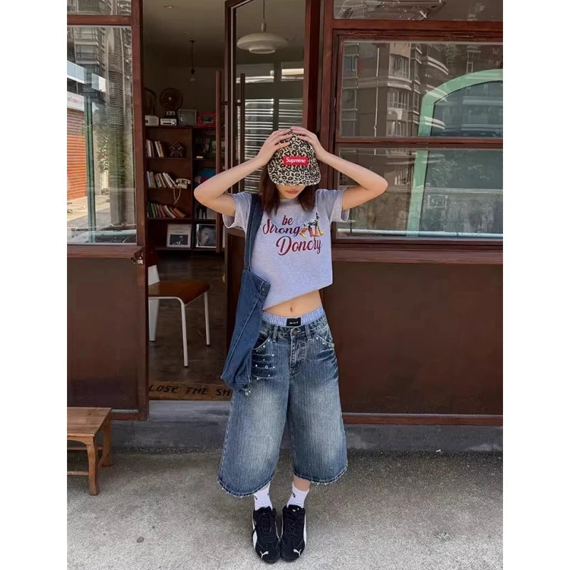 Y2K Washed Denim Capri Pants