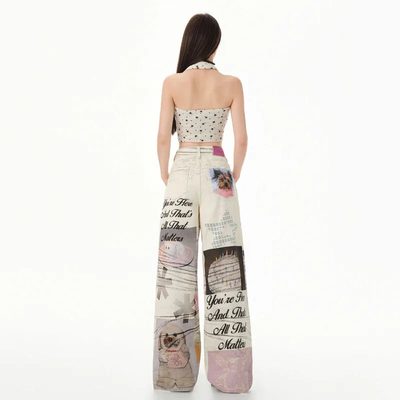 Retro 3D Printed Wide-Leg Jeans