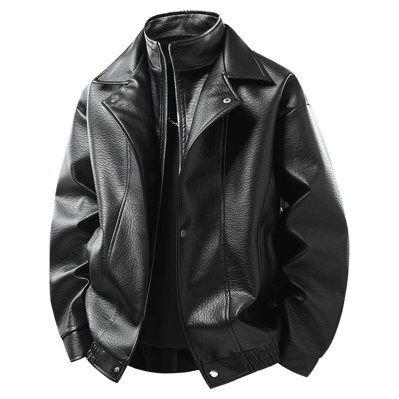 Mens Casual Zip Up Slim Bomber Faux Leather Jacket American Retro Leather Coat Solid Color Motorcycle Wear Leather Zipper Jacket