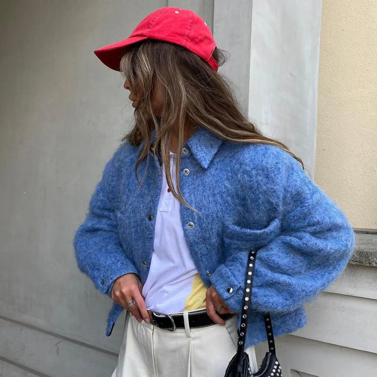 Klein Blue Lapel Wool Blend Shacket Jacket Metal Button Patch Pockets Oversized Fuzzy Women Cropped Fashion Casual Coat 260701