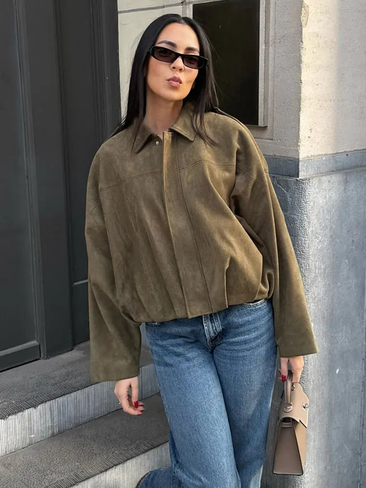 Brown Green Suede Bomber