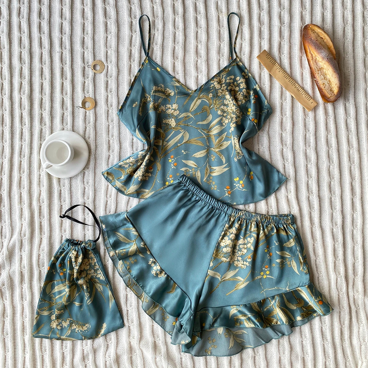 Floral Bird Satin Pajama Set