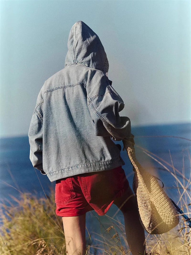 Washed Denim Drawstring Hoodie