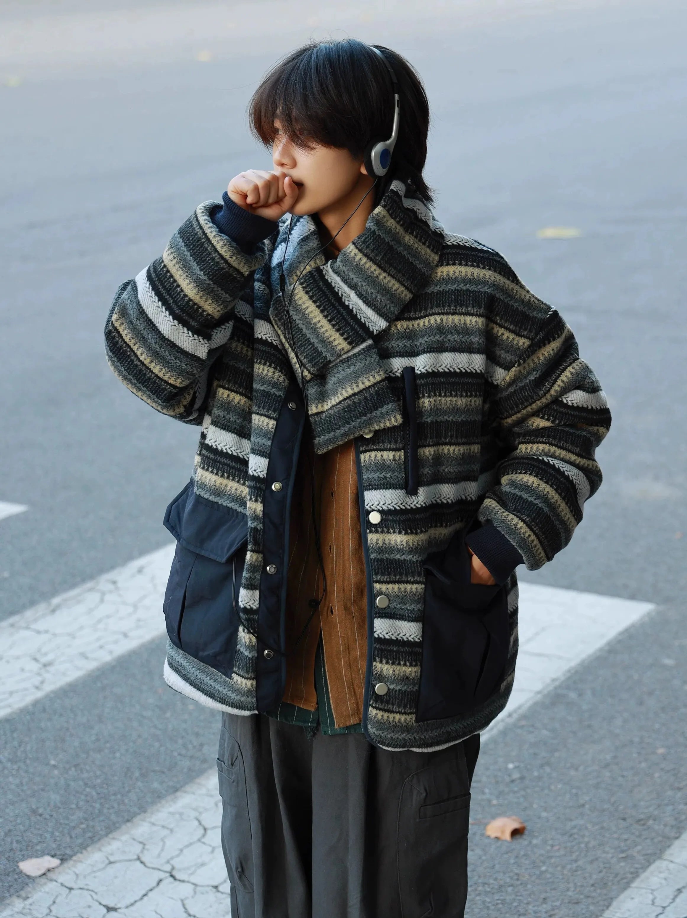 Winter Women's Stripes Jacket American Retro Faux Fur Outwear Coat Y2k Korean Fashion 2000s High Street Thick Warm