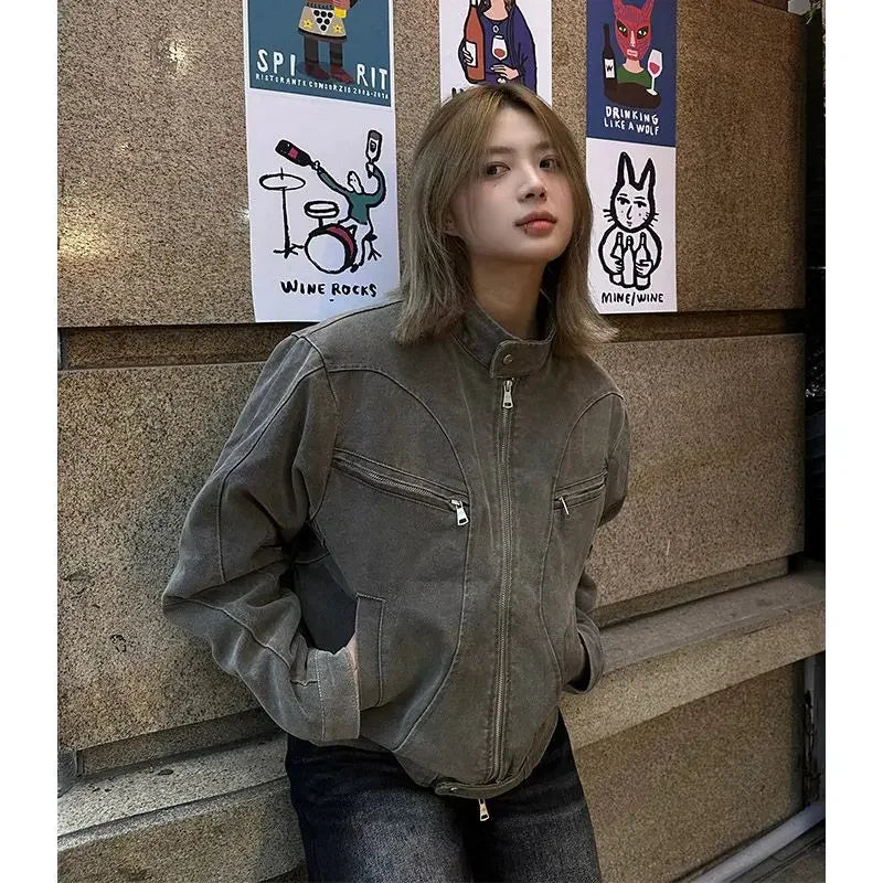 Korean Retro Washed Short Denim Jacket Men's Spring and Autumn Personalized Niche Design Stand Collar Y2K Jacket Tops