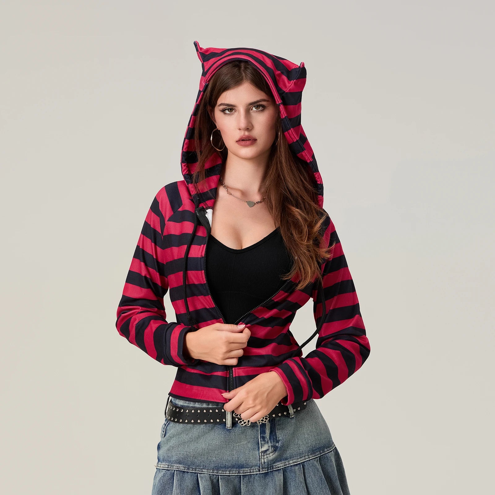 Striped Cropped Zip Hoodie