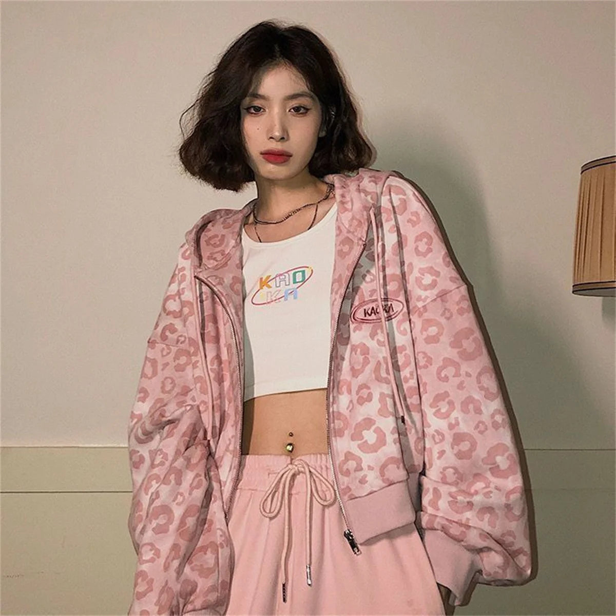 Pink Leopard Cropped Hoodie