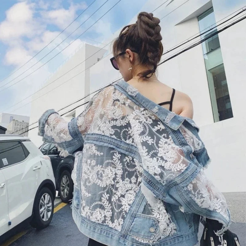 Mesh Embroidered Ripped Denim Jacket