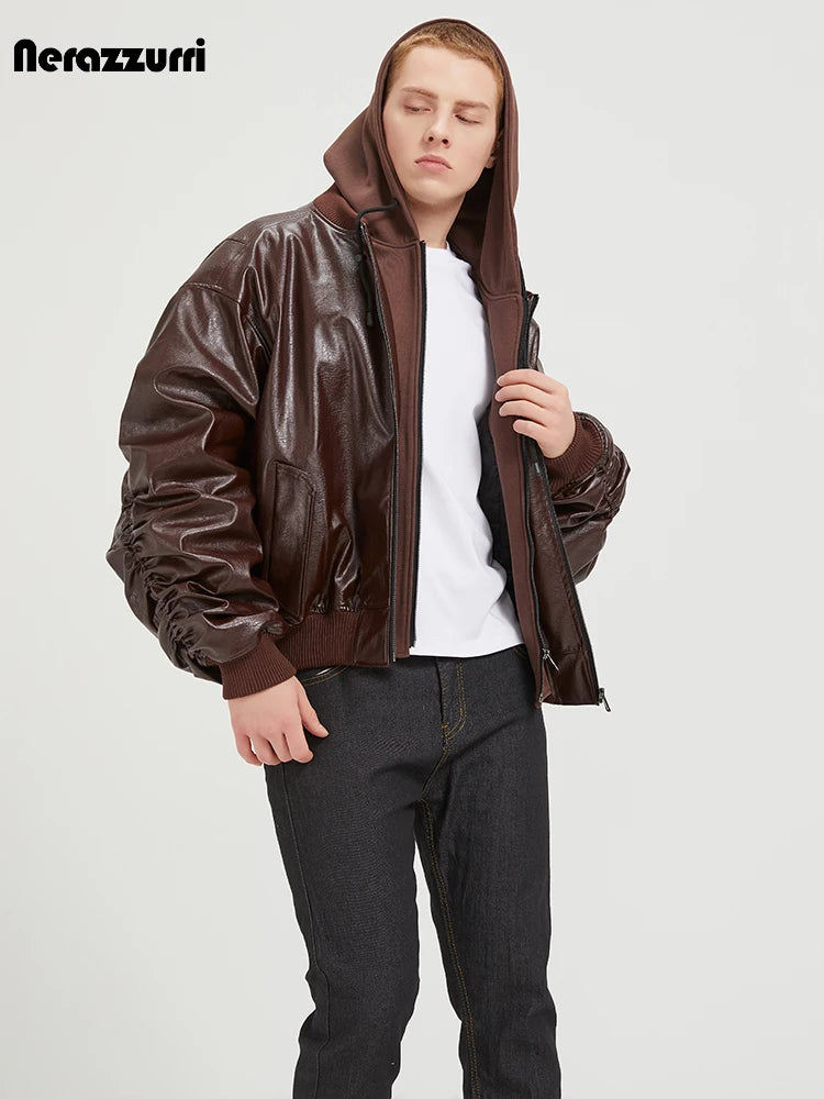 Nerazzurri Autumn Winter Oversized Quilted Warm Brown Pu Leather Jacket Men Luxury Designer Fake 2 Piece Menswear Clothes 2026