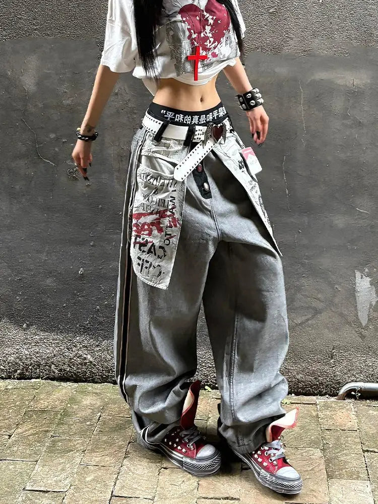 Womens Unisex American Streetwear Large Pocket Graphic Print Denim Pants Retro Cool Girl Wide Leg Floor Length Trendy Jeans