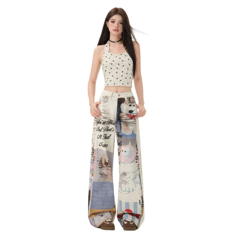 Retro 3D Printed Wide-Leg Jeans