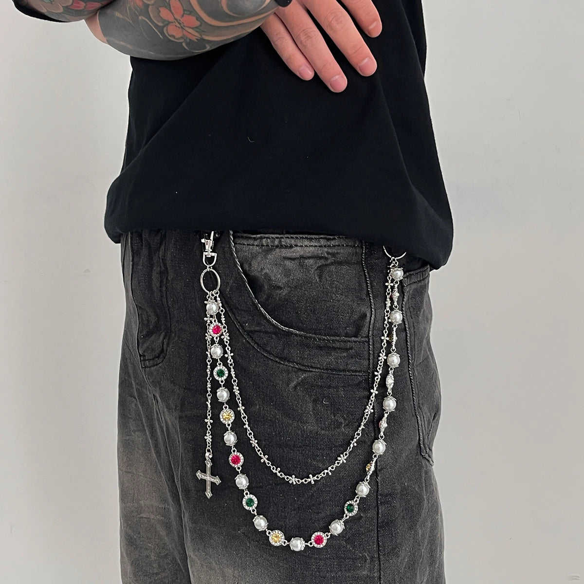 Salircon New Exquisite Luxury Cross Pendant Imitation Pearl Keychain Belt Chain Men Punk Trousers Jean Chain HipHop Jewelry Gift