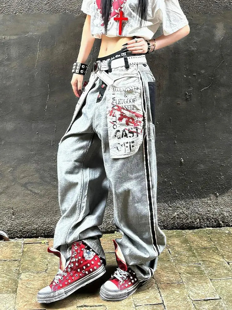 Womens Unisex American Streetwear Large Pocket Graphic Print Denim Pants Retro Cool Girl Wide Leg Floor Length Trendy Jeans