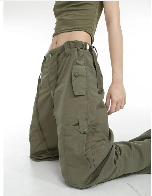Hip Hop Retro Green Cargo Pants Women Y2K Fashion Harajuku Loose Wide Leg Black Parachute Trousers Female Vintage Streetwear