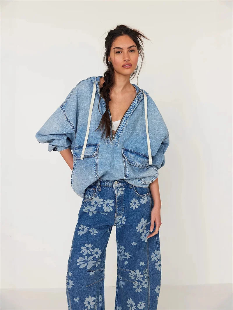 Washed Denim Drawstring Hoodie