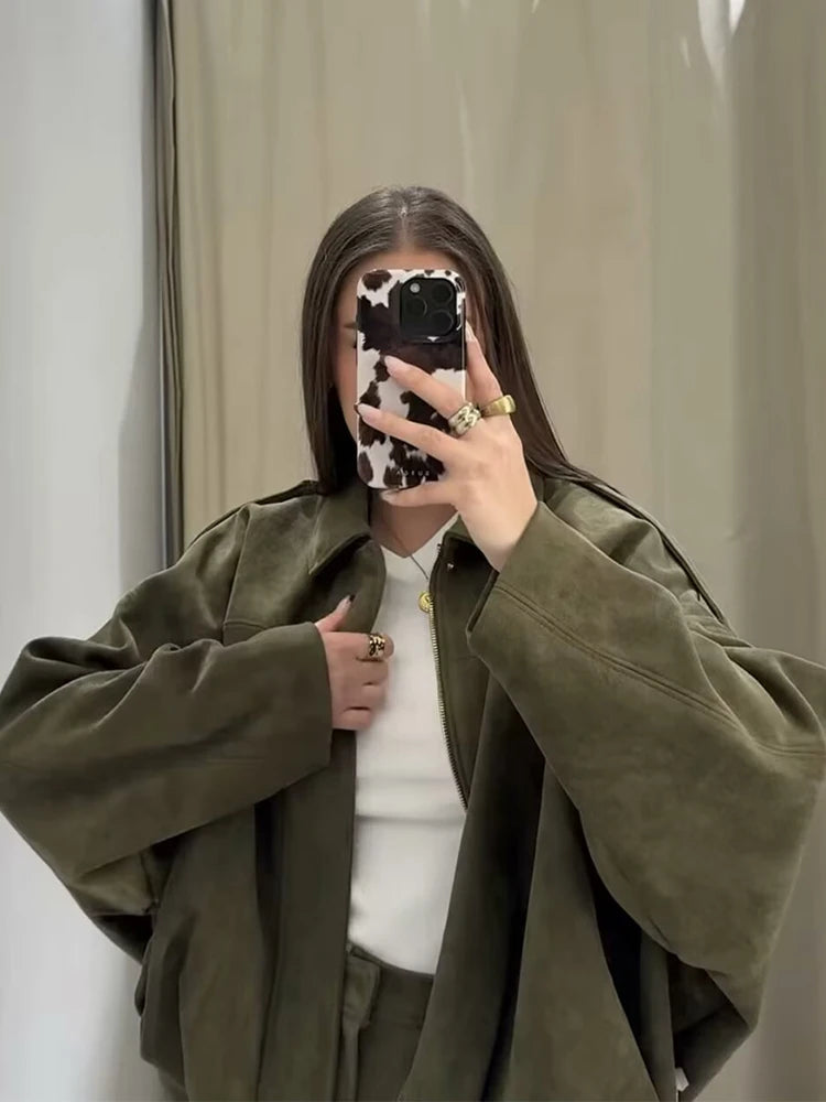 Green Suede Oversized Bomber