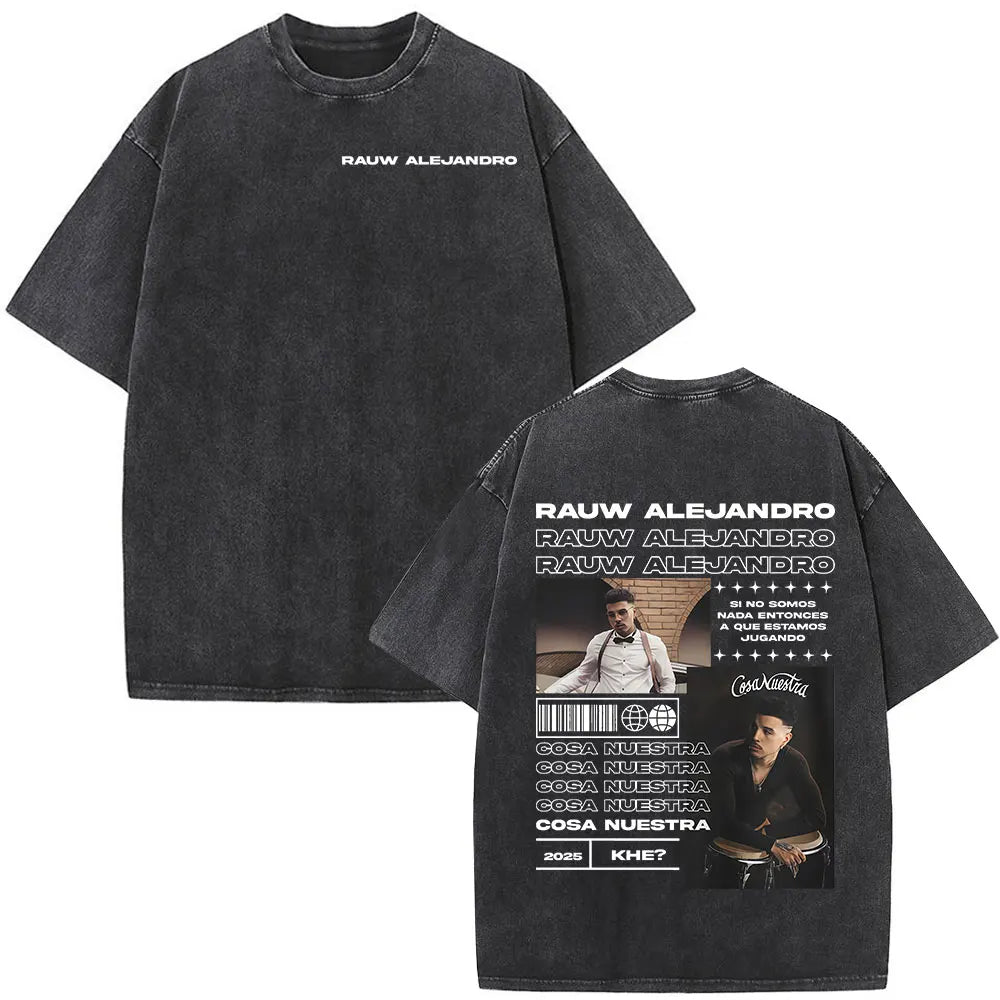Singer Rauw Alejandro Album Vintage Washed T-shirt Men Women Clothing Short Sleeve T Shirt Cotton Casual Oversized T-Shirts Tops