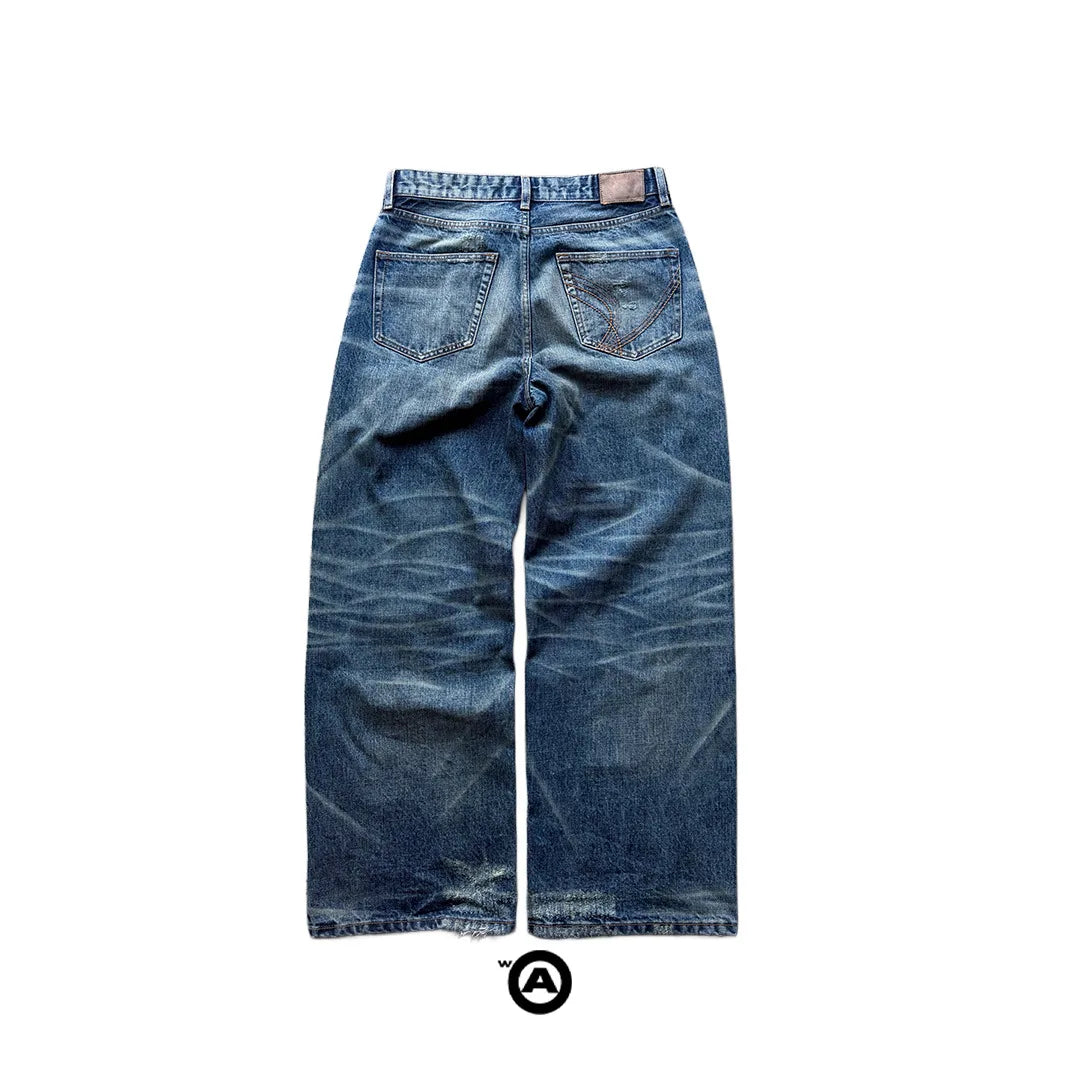 Y2K Echo Loose Straight Selvedge Denim Vintage Washed Embroidered Wide Leg Pants American High Street Unisex Skateboard Jeans