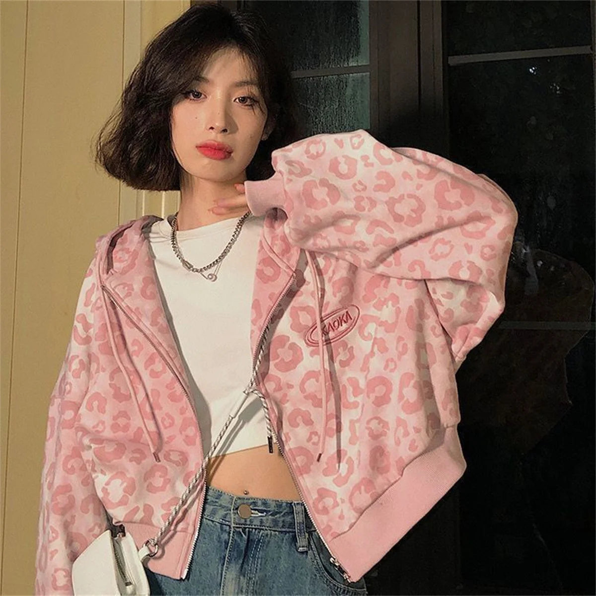 Pink Leopard Cropped Hoodie