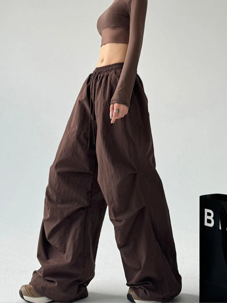Brown Wide-Leg Parachute Pants