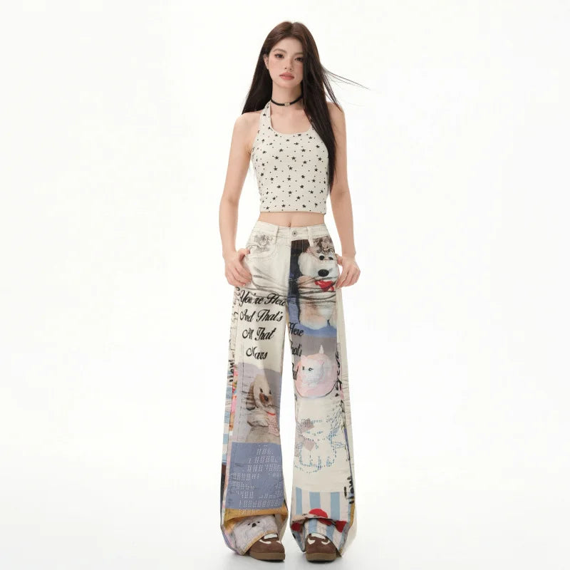American Retro3DPrinted Fun Pattern Loose Wide-Leg Jeans for Women