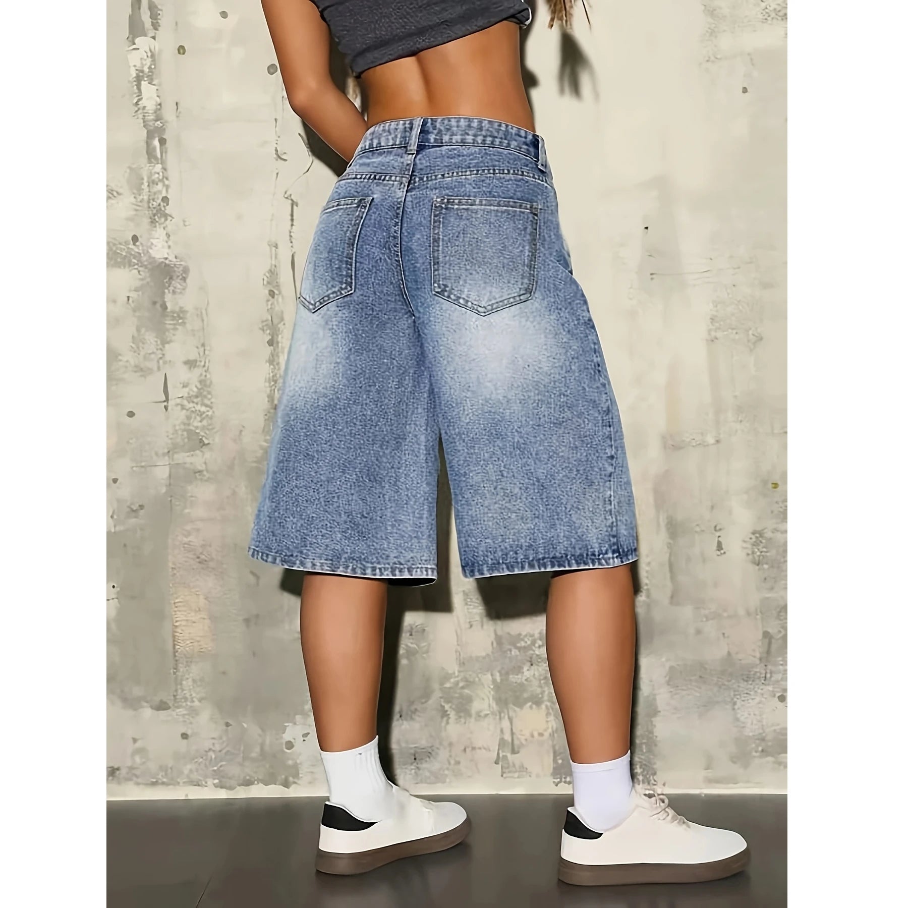 Loose Wide Leg Mid Calf Denim Shorts Women Light Blue Washed Classic Five Pocket Casual Streetwear Culotte Jeans