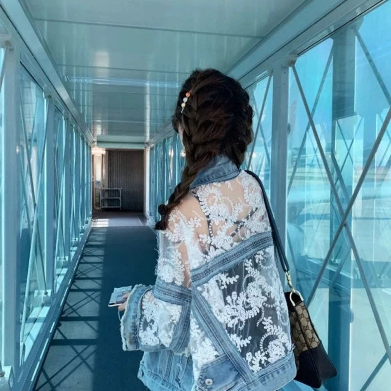 Mesh Embroidered Ripped Denim Jacket