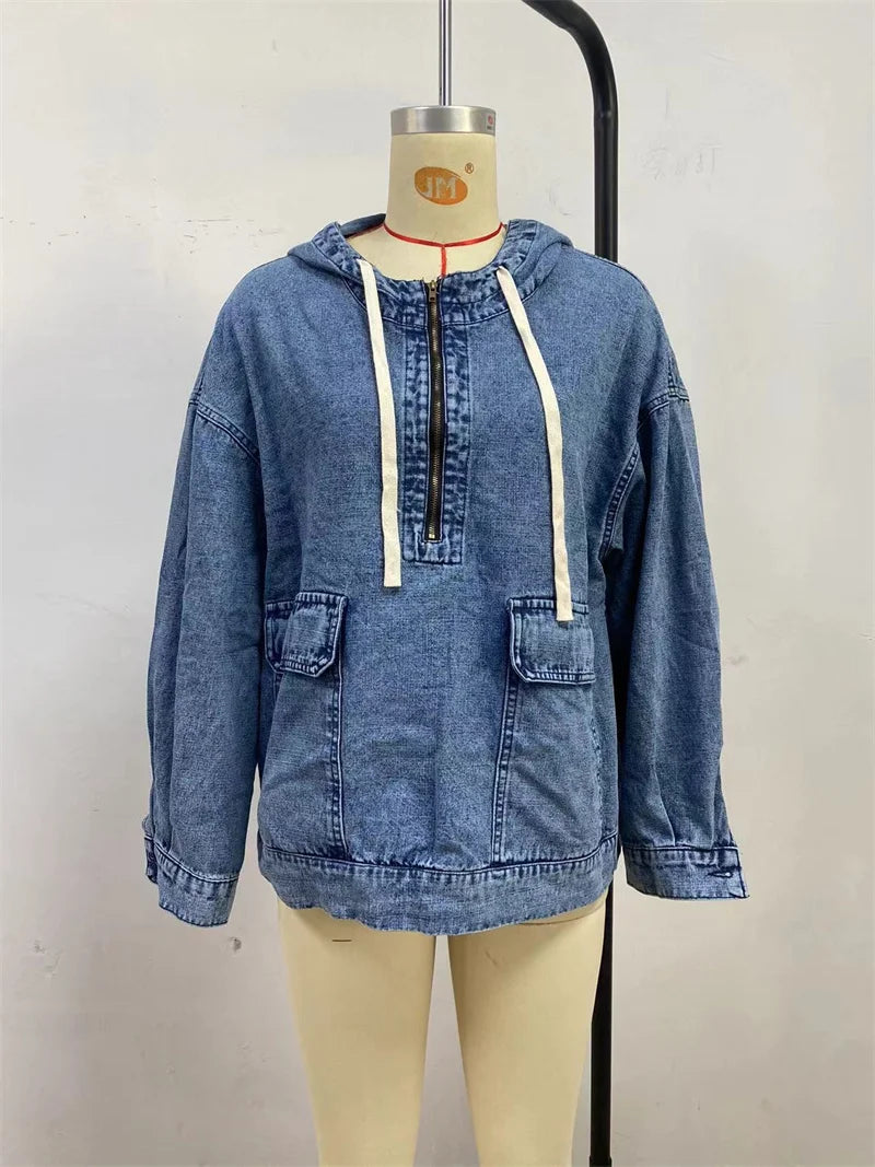 Washed Denim Drawstring Hoodie