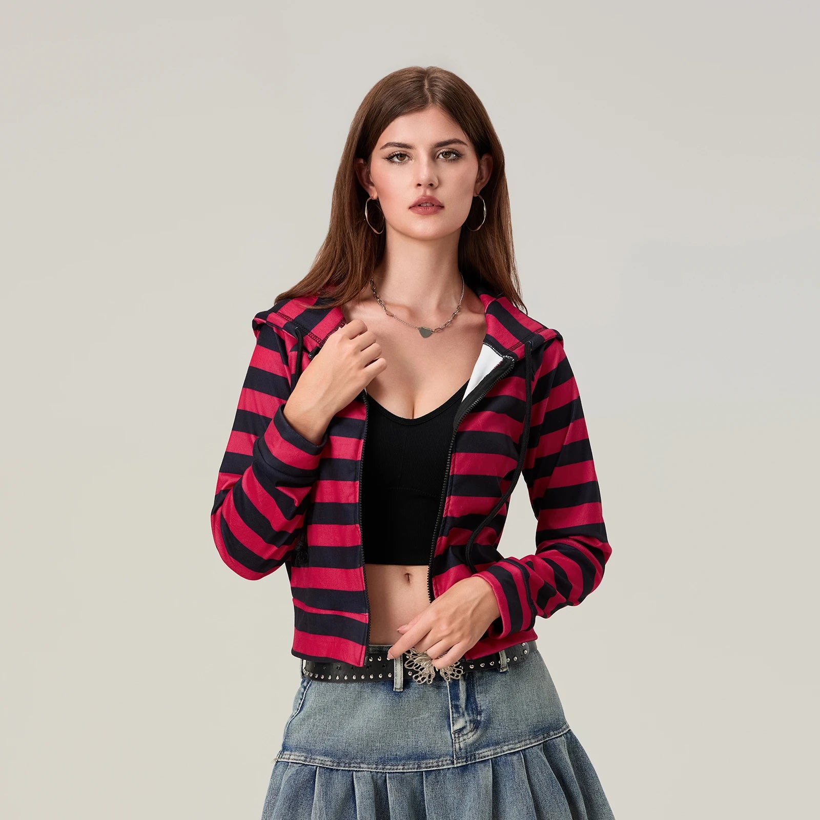 Striped Cropped Zip Hoodie