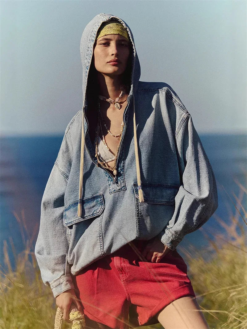 Washed Denim Drawstring Hoodie