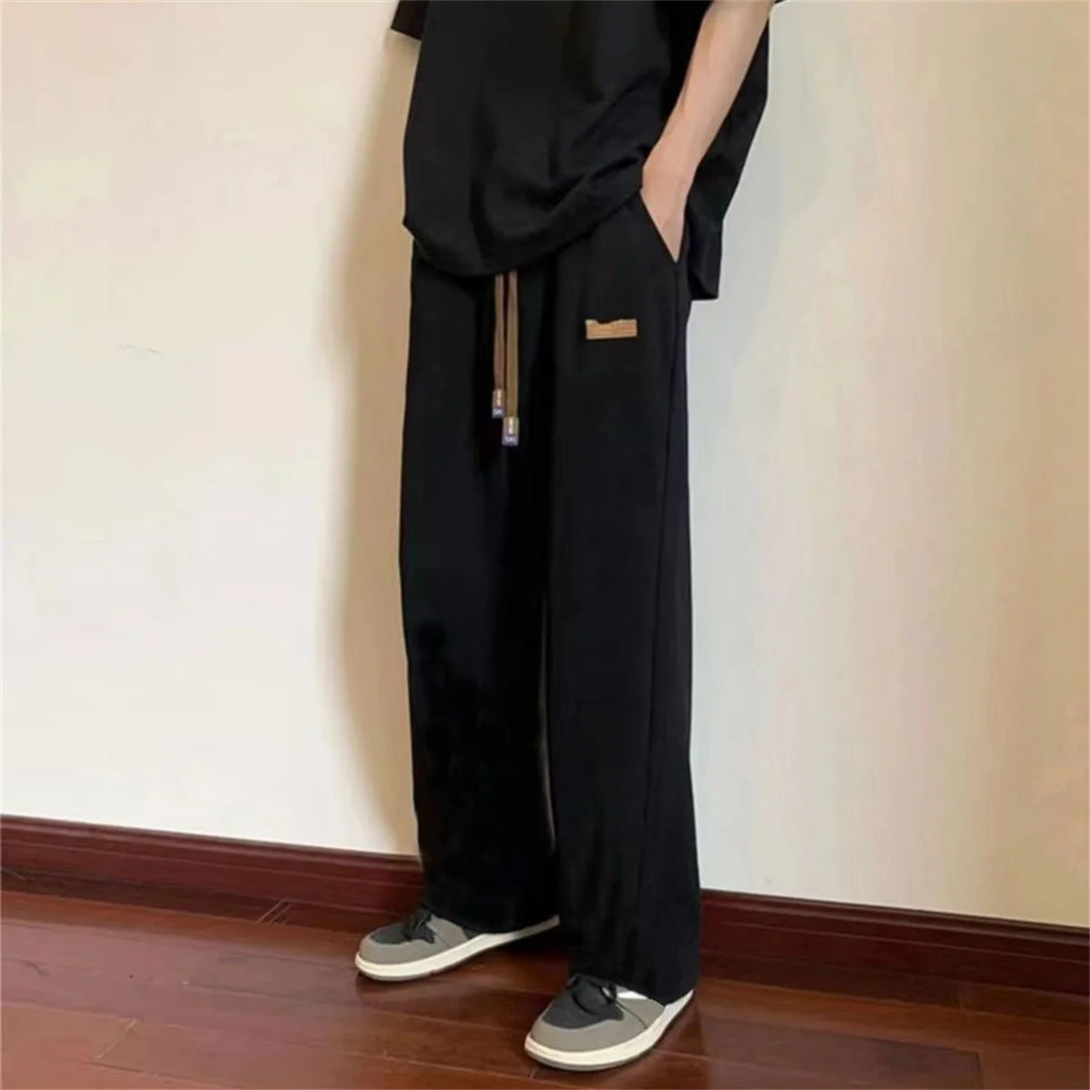 Fashion Summer Men Striped Pants With Big Pockets Black Loose Out Door Elasticity Sports Student High Street Pants Gray Boys