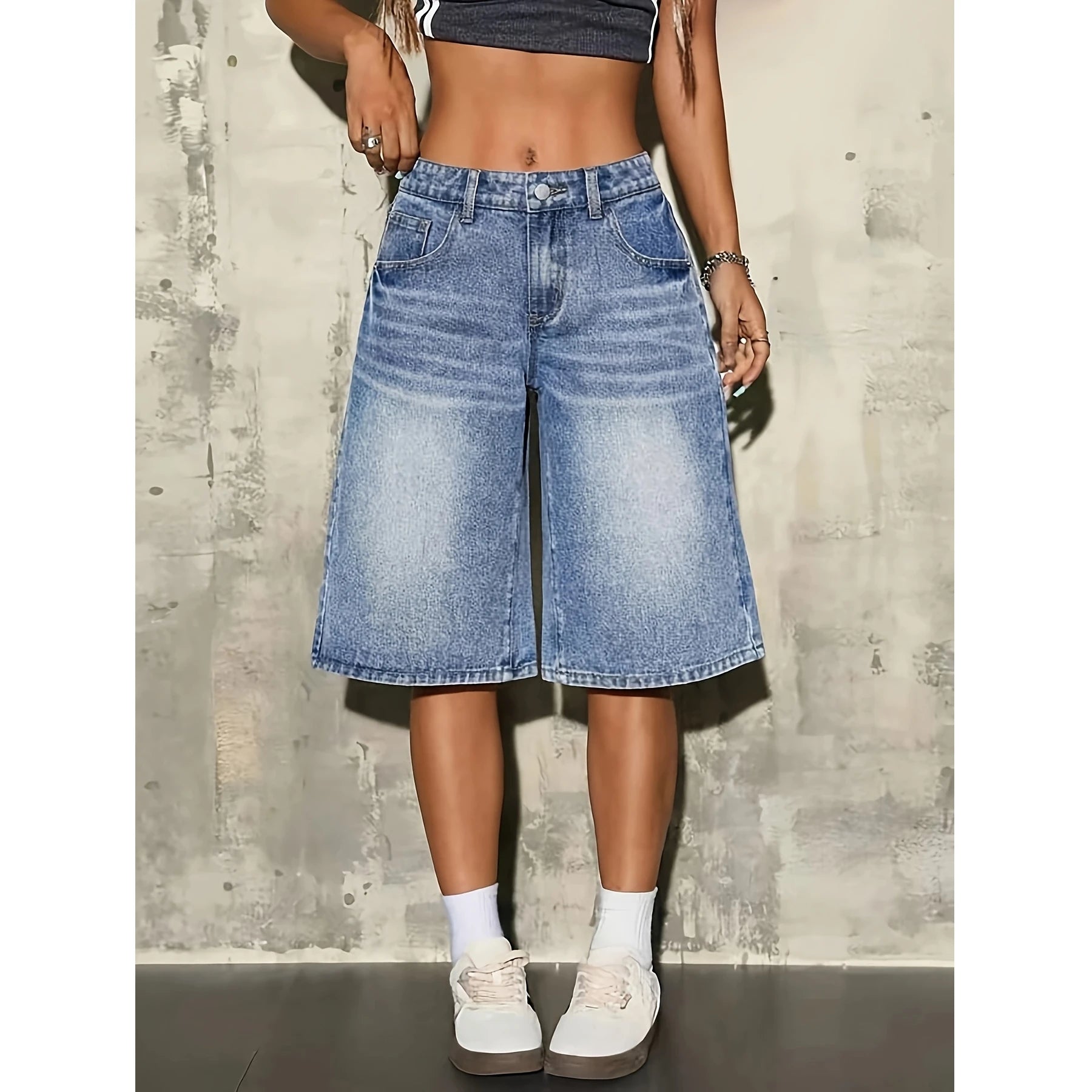 Washed Mid-Calf Denim Shorts