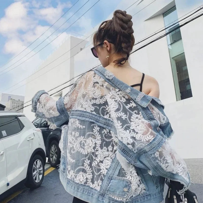 Mesh Embroidered Ripped Denim Jacket