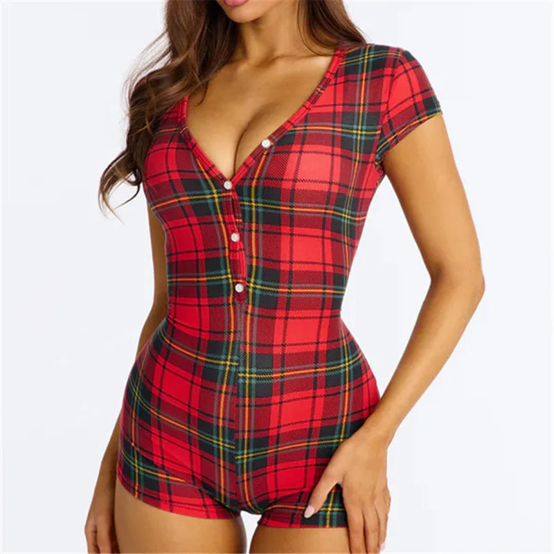 Plaid V-Neck Pajama Romper