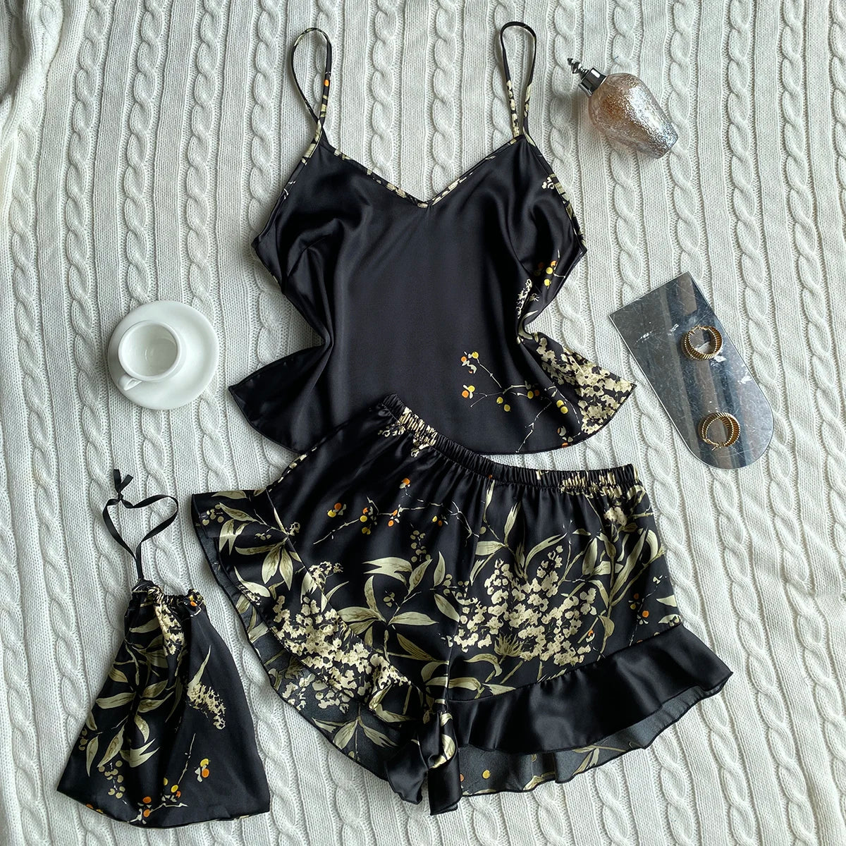 Floral Bird Satin Pajama Set