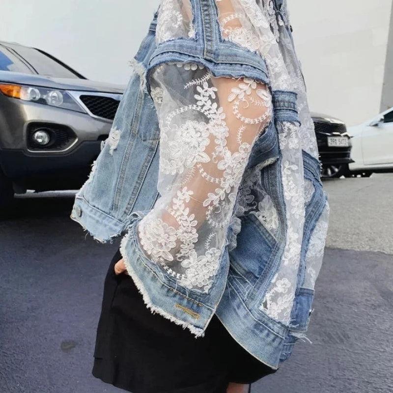 Mesh Embroidered Ripped Denim Jacket
