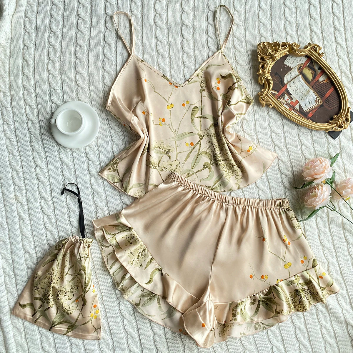 Floral Bird Satin Pajama Set