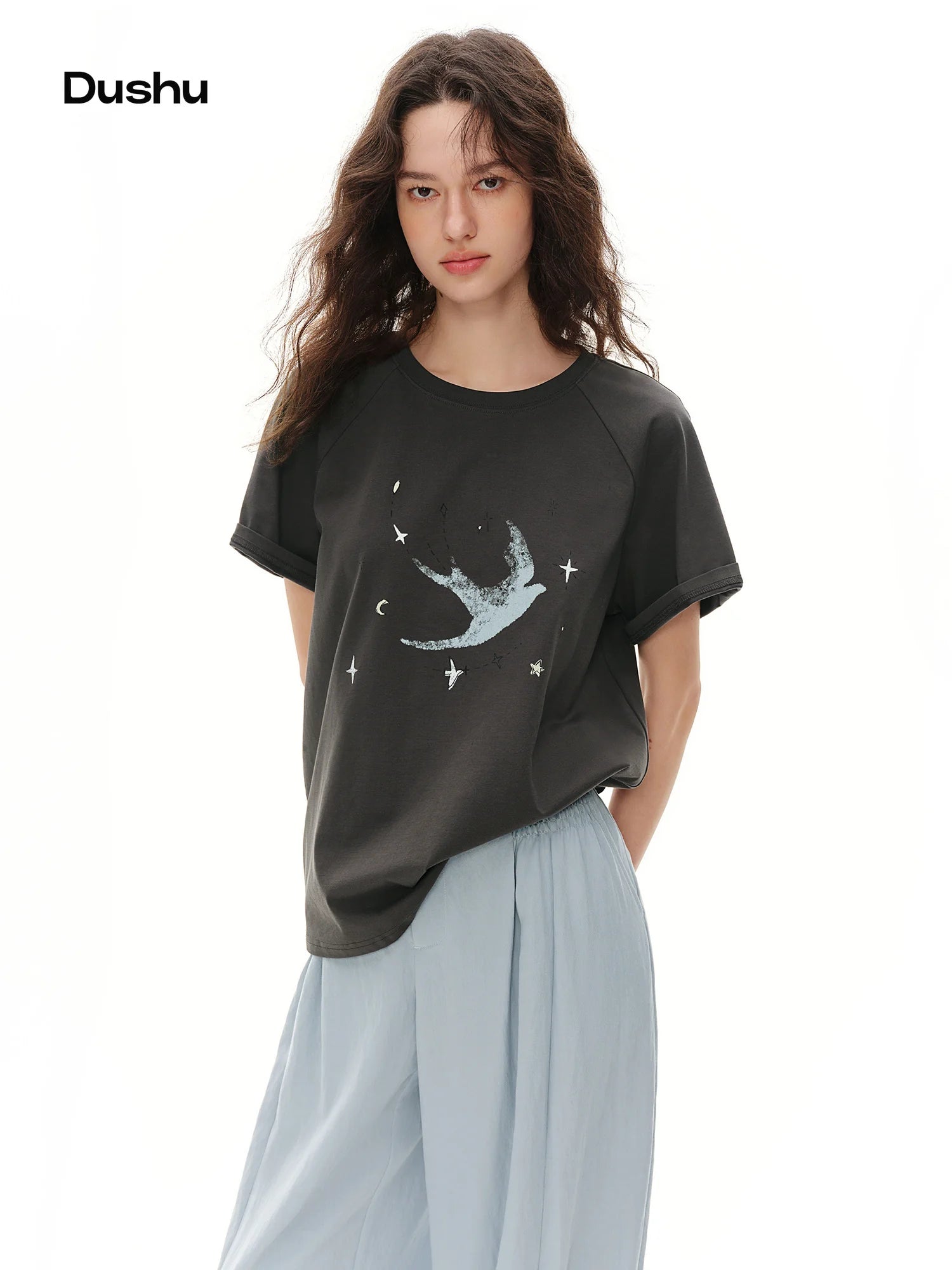 DUSHU 2026 Summer Women's Printed Raglan Sleeve T-Shirt Round Neck and Relaxed Fit - Effortlessly Chic for Daily Casual Wear