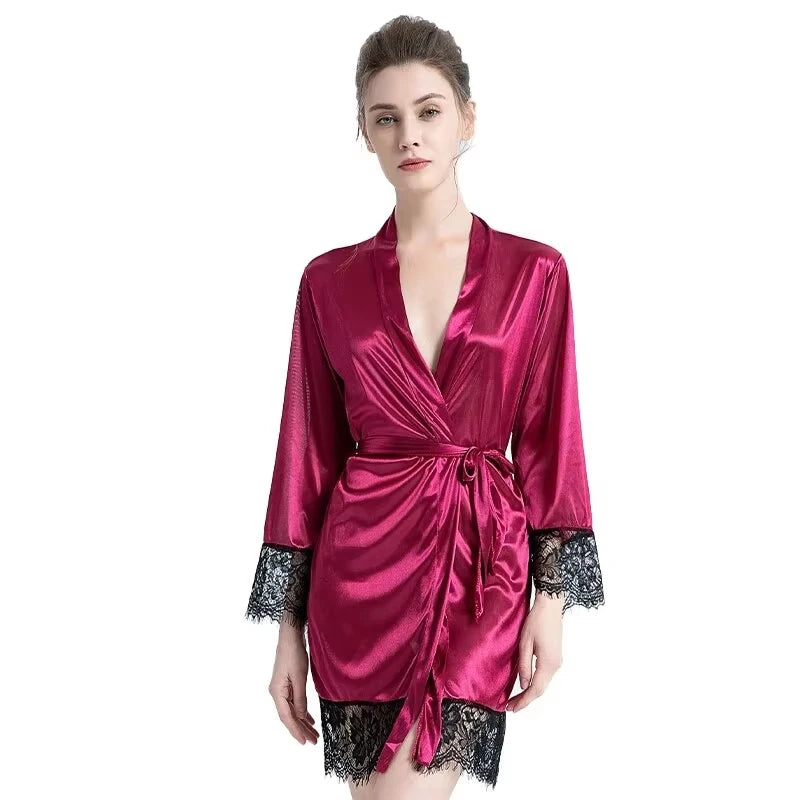 Lace Trim Satin Robe