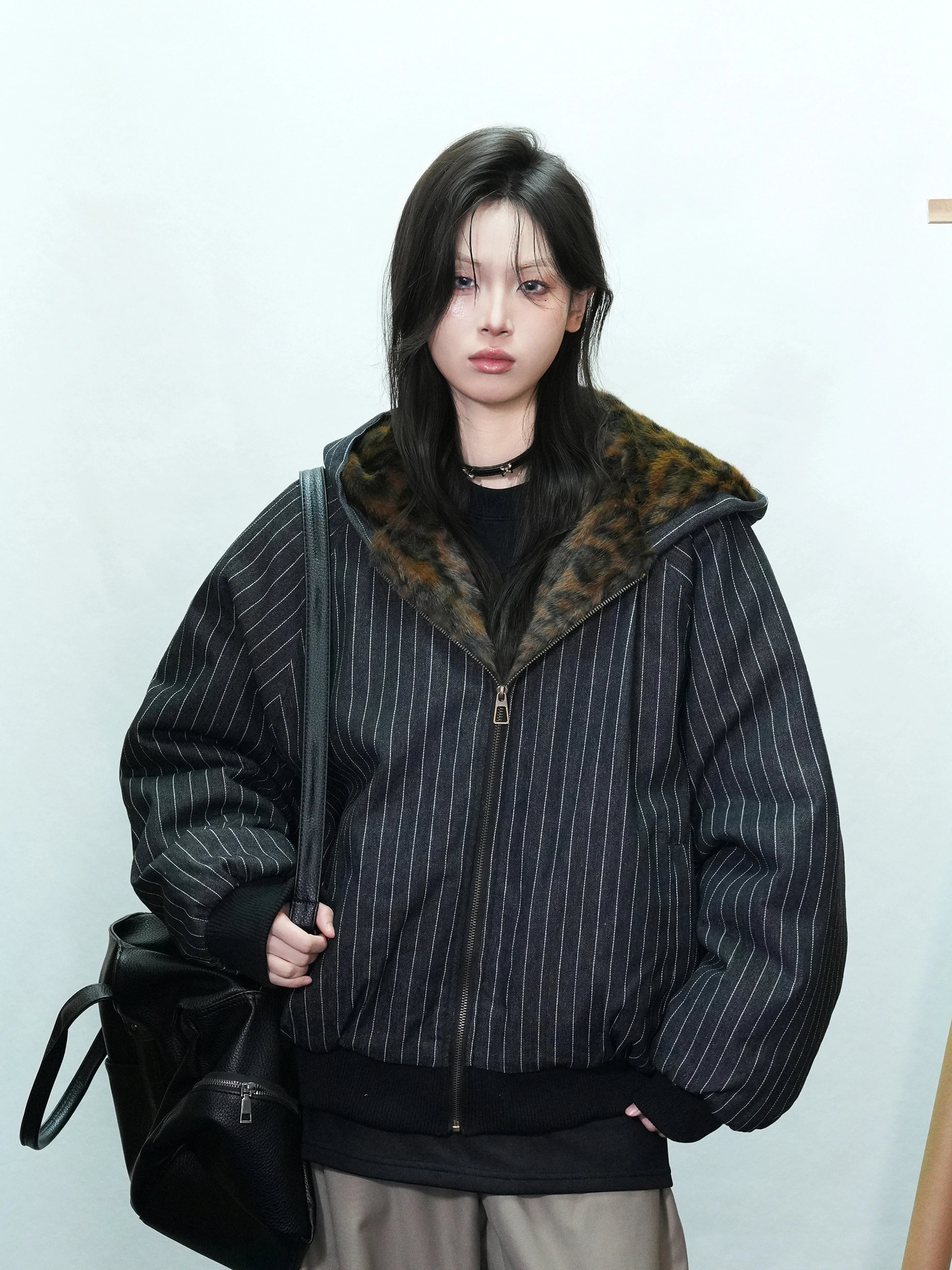 Winter Women's Stripes Hoodie Jacket American Retro Faux Fur Outwear Coat Y2k Korean Fashion 2000s High Street Thick Warm