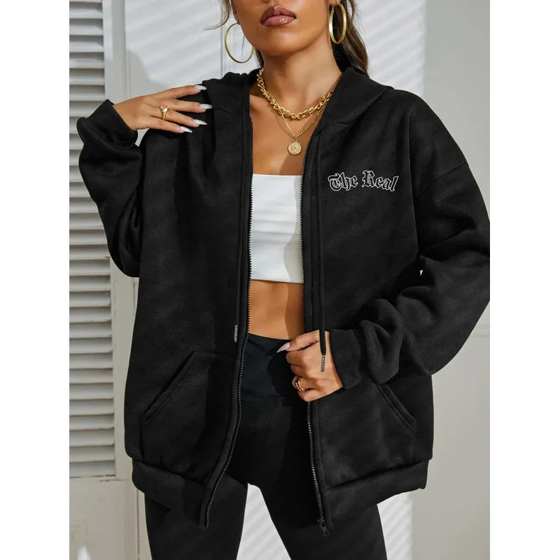 Keep It The Real Wings Creative Printing Zipper Hoodie Women Autumn Loose Hoody Casual Fleece Sportswear Hip Hop Clothing