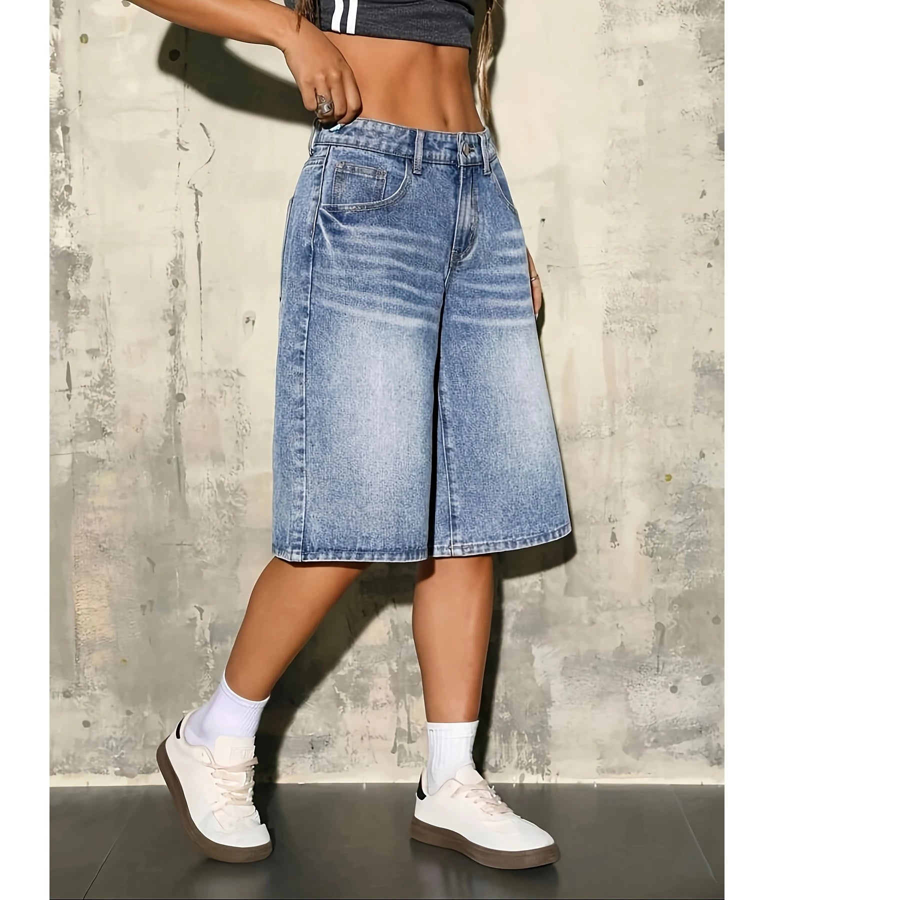 Washed Mid-Calf Denim Shorts