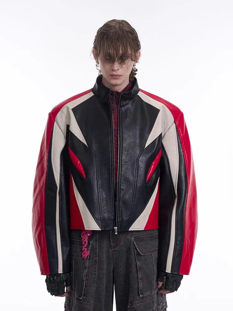 Mauroicardi Spring Autumn Cool Short Color Block Pu Leather Racer Jacket Men Shoulder Pads Zip Up Luxury Designer Clothes 2025