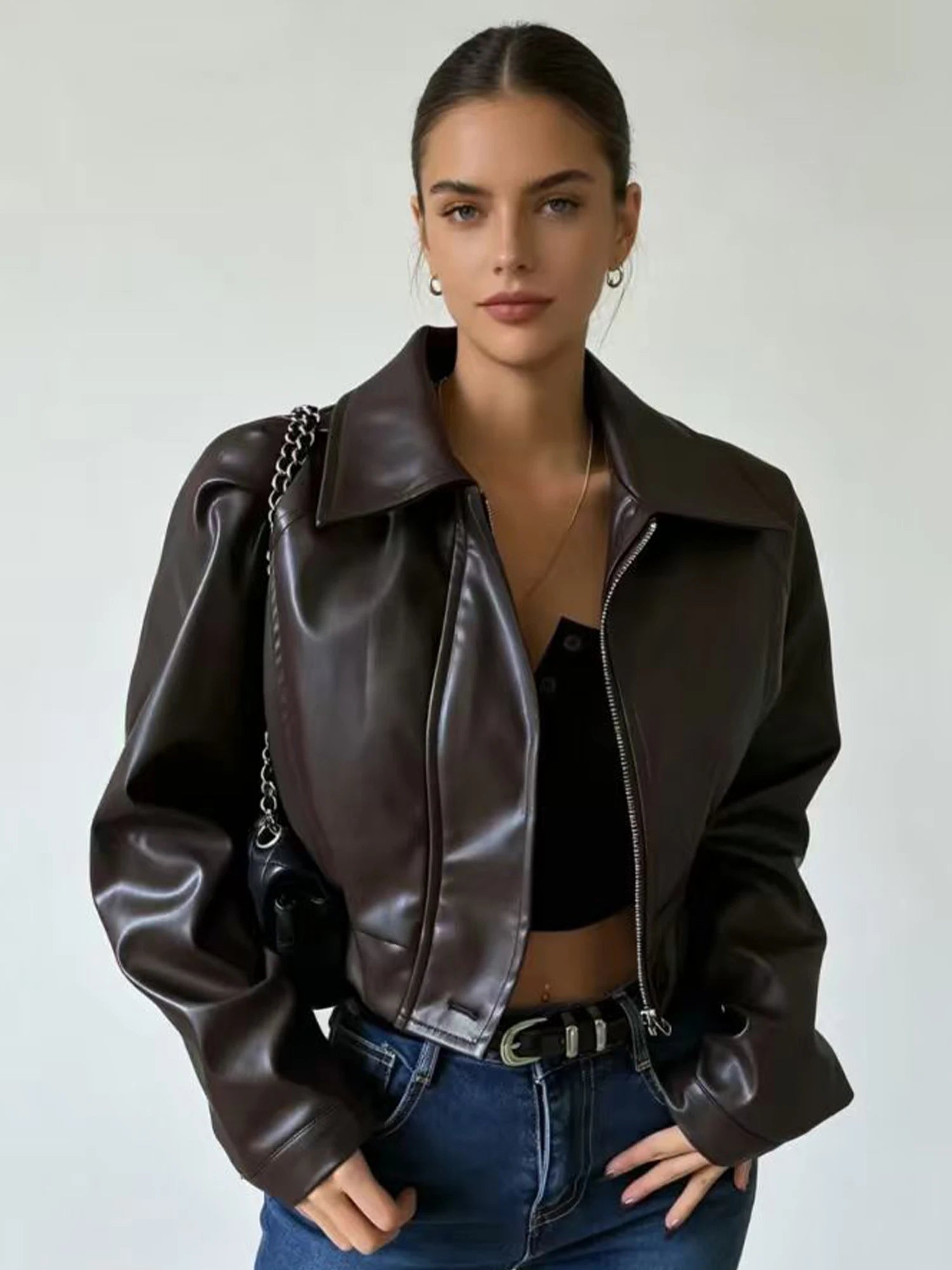 Women Dark Brown Vintage Lapel Zip PU Leather Jacket Loose Casual Cropped Biker Top Y2k Gyaru Vintage Motorcycle Mustang Jacket