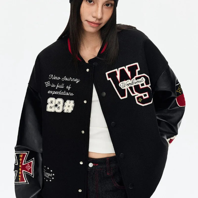 Vintage Popular New Letter Embroidery Joker Stitching Jacket Women Y2K High Street College Hip Hop Couple Sports Baseball Jacket